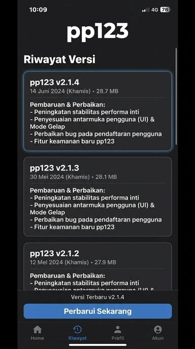 Tampilan riwayat versi pp123